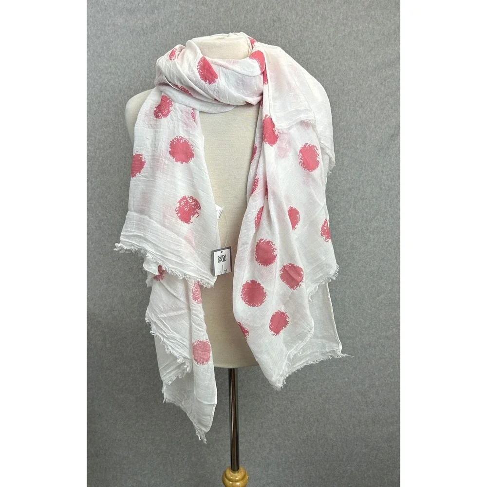 Boutique Scarf White Pink Polka Dot Gauze Frayed Edge Preppy Girly SpringNWT